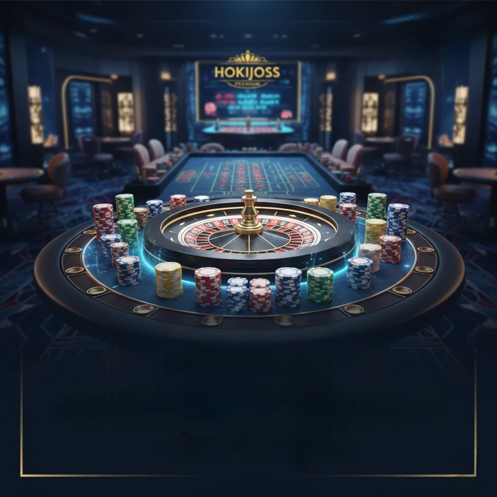 Banner Hokijoss cara main roulette online biar menang dengan meja dan roda roulette modern