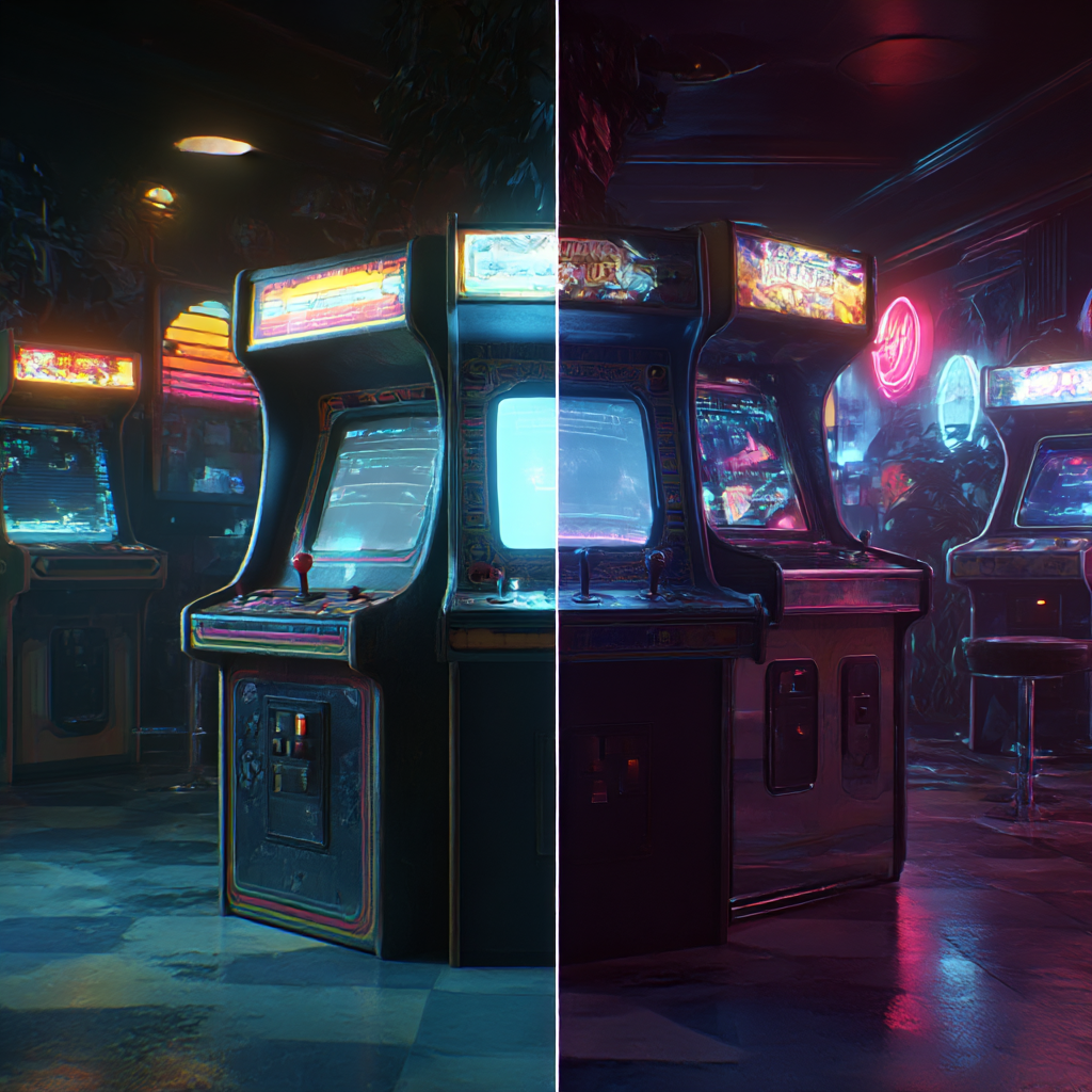 Perbandingan arcade game retro dengan grafis pixel lawas dan arcade modern dengan VR realistis