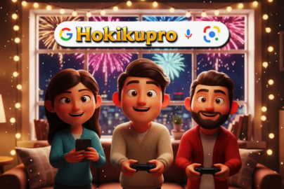 Tiga teman menikmati mabar di ruang tamu saat malam Tahun Baru dengan kembang api di luar jendela.