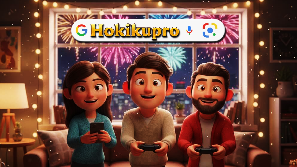 Tiga teman menikmati mabar di ruang tamu saat malam Tahun Baru dengan kembang api di luar jendela.