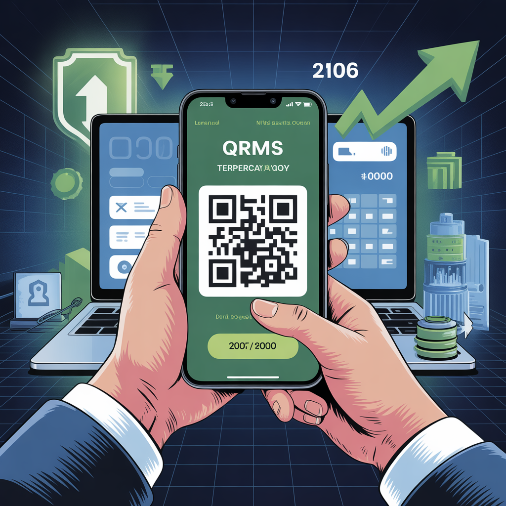 Ilustrasi pembayaran QRIS di situs game terpercaya 2026 menggunakan smartphone dan laptop gaming