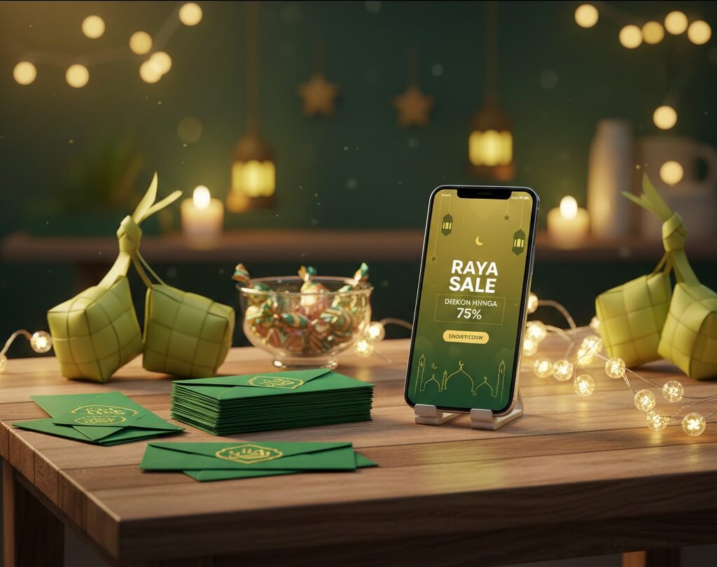 Ilustrasi promo hari raya dan amplop THR tambahan bertema Hokiku88