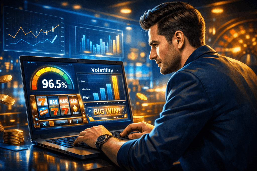 Strategi cerdas memilih game slot menguntungkan di Win11bet dengan analisis RTP 96.5 persen dan volatilitas tinggi pada tampilan layar laptop
