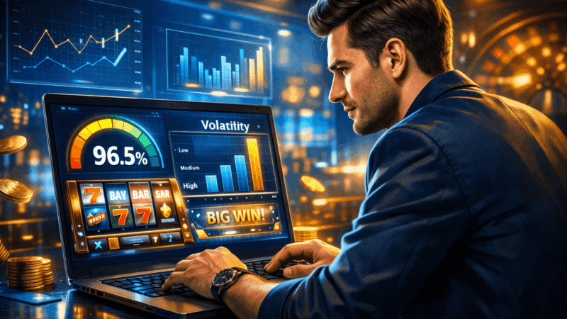 Strategi cerdas memilih game slot menguntungkan di Win11bet dengan analisis RTP 96.5 persen dan volatilitas tinggi pada tampilan layar laptop